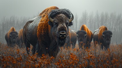 Obraz premium A herd of bison align in a tall-grass field, blanketed with red flowers, amidst fog