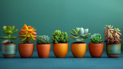   A row of succulents in pots aligned vertically, situated in front of a green wall - obrazy, fototapety, plakaty
