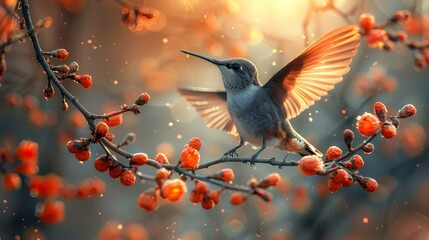   A hummingbird sits on a branch, surrounded by clear foreground images of berries The background softly blurs into a scene of leaves and more berries
