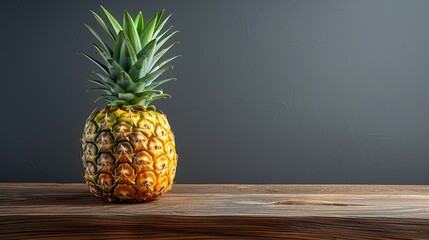   A pineapple atop a weathered wooden table against a gray backdrop, featuring a nearby wooden table in the foreground