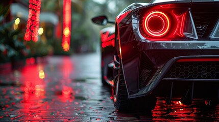   A tight shot of sports car's taillights glowing red on a rain-slicked street against a backdrop of red stoplights