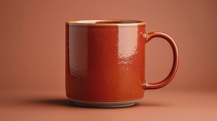   A tight shot of a coffee mug against a dark brown backdrop Its rim matches the hue, and a minuscule blemish is visible at the bottom