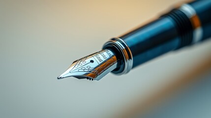   A tight shot of a fountain pen's nib and another nib atop its tip