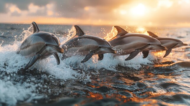   Three dolphins leap from a water body as the sun sets