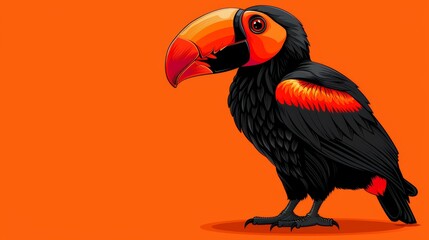   A black bird with a red beak and an oversized orange beak sits before an orange backdrop