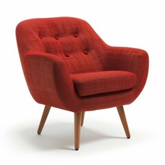   A red chair with wooden legs and buttoned armrests is isolated against a white background, its surface contrasting vividly