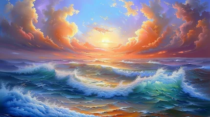 Poster  waves approach shore, sun shines through clouds © Jevjenijs