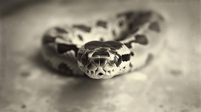   A monochrome image of a snake's head, adorned with a single black and white stripe running along its body
