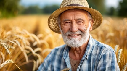   A man, hat clad in straw, stands smiling in a field of rippling wheat, his eyes serenely shut
