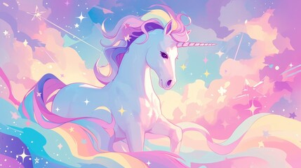 Obraz na płótnie Canvas Immerse yourself in a whimsical world of rainbow unicorns set against a backdrop of sparkling stars This holographic illustration awash in soft pastel hues features a vibrant multicolored sk