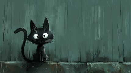   A black cat sits atop a weathered wooden floor, its melancholic expression near a verdant green wall