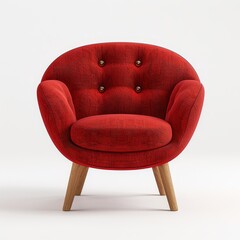   A red chair with wooden legs and buttoned-up armrests sits against a plain white backdrop