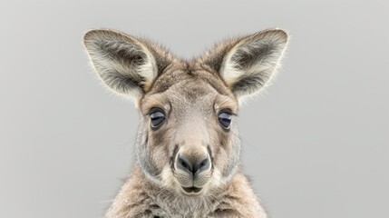   A tight shot of a kangaroo's face against a gray backdrop, superimposed with a soft, out-of-focus rendition of the same face - obrazy, fototapety, plakaty