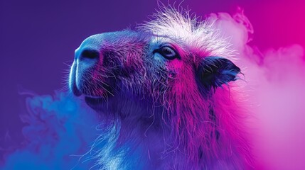 Obraz premium A tight shot of a sheep's expressive face against a backdrop of shifting purple, blue, and pink lights