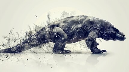   A monochrome image of a dinosaur featuring a smear of paint on its body and hind limbs - obrazy, fototapety, plakaty