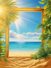 GENERATIVE AI, Summer background with frame, nature of tropical golden beach with rays of sun light and leaf palm. Golden sand beach close-up, sea, blue sky, white clouds. Copy space, summer vacation 