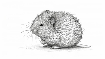   A black-and-white drawing of a rodent on the ground, head tilted to the side, and eyes widely opened
