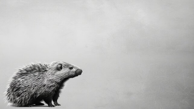   A black-and-white image of a porcupine gazing upward against a gray backdrop of distance, with a sky above