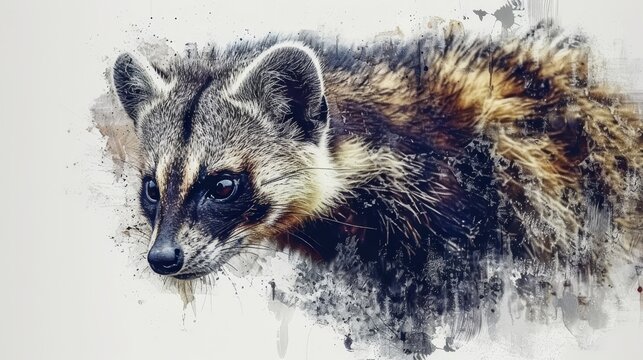   A raccoon in tight focus against a pristine white backdrop, its visage adorned with scattered paint strokes