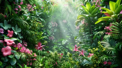   A lush, green forest teems with numerous pink flowers and abundant greenery At its heart, a radiant beam of light emanates