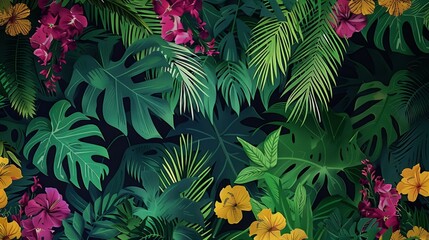   A tropical scene with dark backdrop, left side features green foliage and vibrant yellow and pink blooms