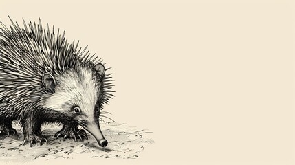   A porcupine and her infant next to her on the ground; they're closely bonded in this drawing