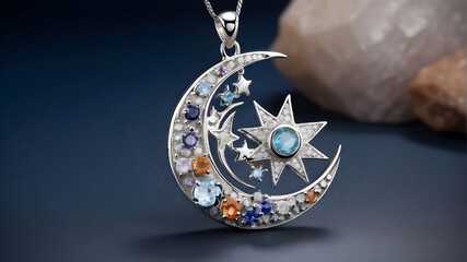 :A celestial-inspired moon and star pendant crafted from sterling silver and shimmering gemstones 