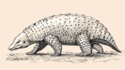   A drawing of an armadillo walking on the ground with one foot touching and the other lifted