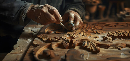 A carpenter is carving a pattern on his workpiece. - obrazy, fototapety, plakaty