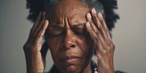 a middle aged black woman is holding her head in pain, generative AI - obrazy, fototapety, plakaty