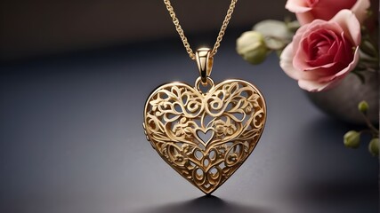A delicate heart-shaped pendant engraved with intricate filigree patterns, symbolizing love and romance

