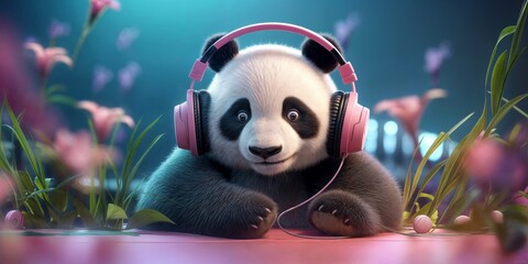 Funny baby panda in headphones listens to calm music at the table surrounded by spring flowers