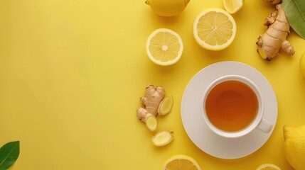 Obraz na płótnie Canvas drink lemon tea and ginger on yellow background 