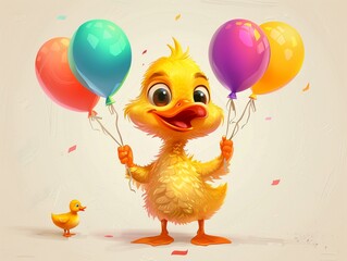 Obraz na płótnie Canvas Adorable and vibrant cartoon duck holding a colorful array of balloons, its big eyes sparkling with excitement