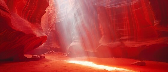 Stock photo of Antelope Canyon, Arizona, light beams shining through the narrow slot canyon, vibrant red rock, mystical and serene