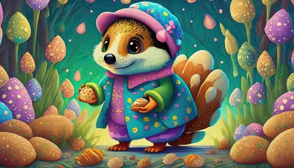 Foto op Canvas cartoon character Multicolored baby a badger baking bread in the oven, oil painting style © stefanelo