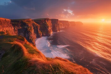 Stock photography of the Cliffs of Moher at sunset, Ireland, dramatic cliffs meeting the Atlantic...