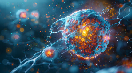  a human cell under severe oxidative stress Show intricate details of mitochondria and DNA struggling against oxidative damage