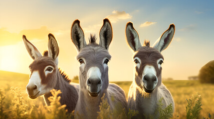three donkeys are wandering in the meadow Scenic Beauty on a sunlight background