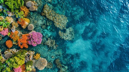 Naklejka na ściany i meble Aerial stock image of the Great Barrier Reef, Australia, vivid coral formations underwater, diverse marine life, natural and vibrant