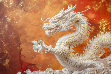 A white marble Chinese dragon, infused with molten gold, appears to ignite the red and gold gradient background in a fiery display.