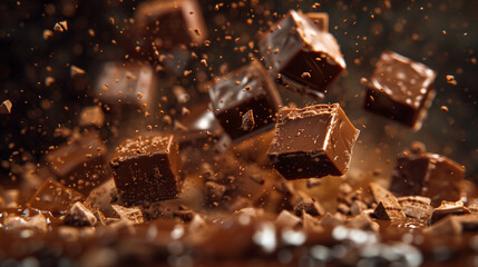 Fudge squares airborne in a rich dynamic chocolate confectionery scene