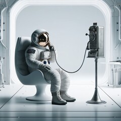 Astronaut Using Coin-Operated Telephone in Space Station