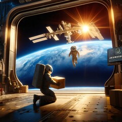Astronaut Delivering Package at Space Station Door with Earth View - obrazy, fototapety, plakaty