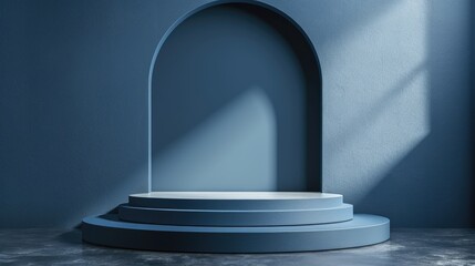 A creative blue podium illuminated by light from the window.