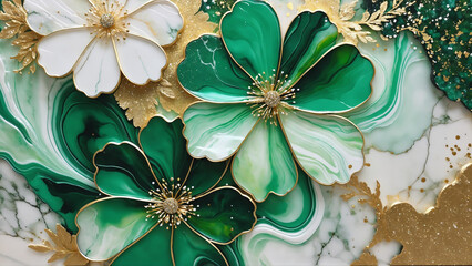 flower marble texture with abstract green, white, glitter and gold background alcohol ink color.