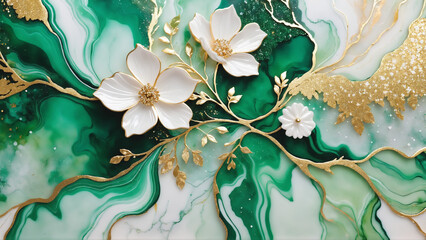 flower marble texture with abstract green, white, glitter and gold background alcohol ink color.