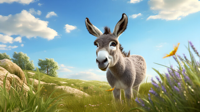 an image of a donkey in the meadow under the blue sky background