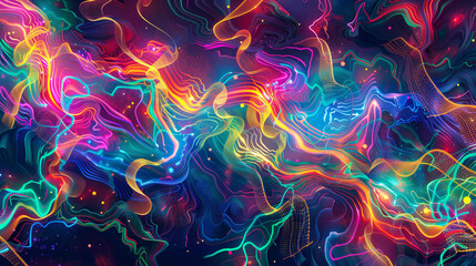 Digital art of colorful circuitry and neon lights, with swirling patterns, Generative AI