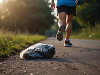 A Person doing jogging with collecting Trash from road or plogging in morning, wide perspective. Copy space, paper - obrazy, fototapety, plakaty